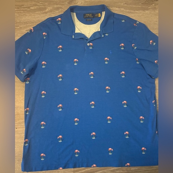 Polo Ralph Lauren Mens XL ALL-OVER FLAMINGO AOP Cotton Short Sleeve Polo Blue - Picture 4 of 8